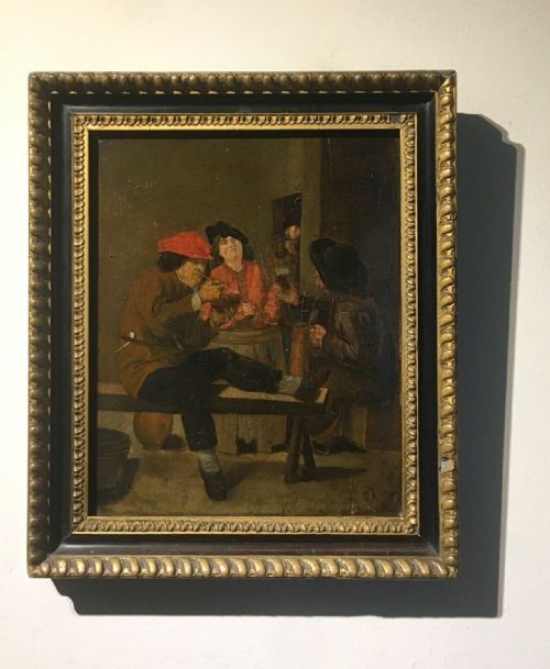 fig 1. Circle of Cornelis Dusart Antique Monogrammed Dutch School Oil Painting on Board Tavern Scene