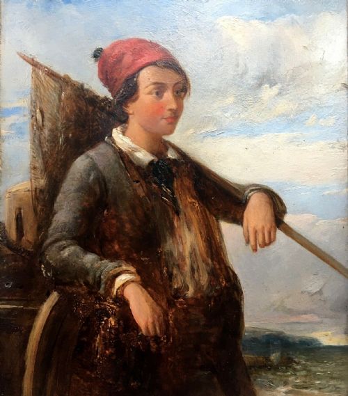 fig 1. ENGLISH SCHOOL Original Antique Oil Painting on Mahogany Panel of a Fisherman