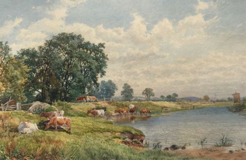 James Walsham Baldock Signed Watercolour Painting Cattle in Pastoral Landscape