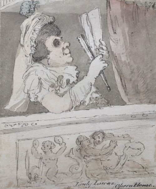 fig 1. John Nixon Original English 18th Century Antique Watercolour Painting Caricature Study Lady Lucas at the Opera House