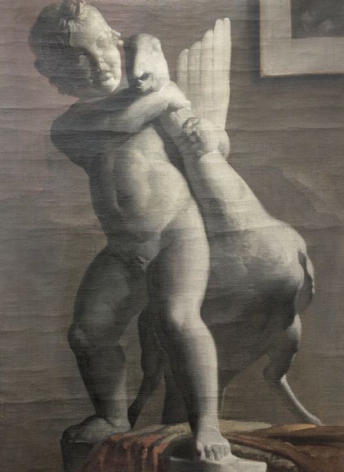 Orlando Greenwood Original Oil Painting Study on Canvas Depicting a Marble Sculpture of a Boy & Goose