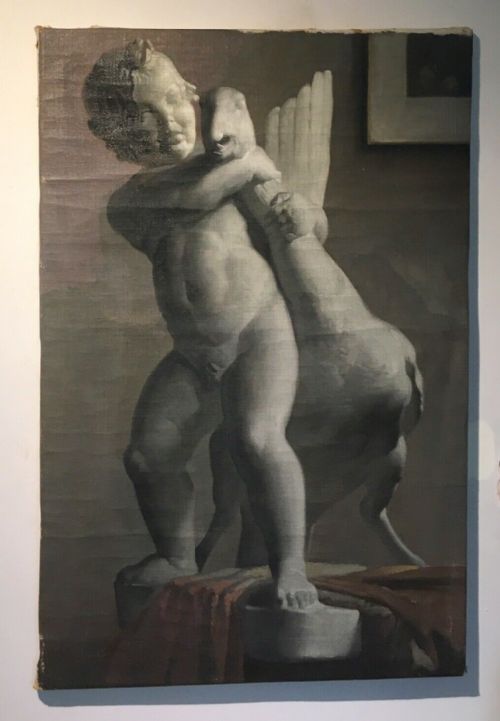 fig 1. Orlando Greenwood Original Oil Painting Study on Canvas Depicting a Marble Sculpture of a Boy & Goose