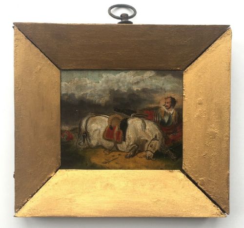 Signed with Initials Original Antique Miniature Oil Painting Cavalier & Horse in Battle