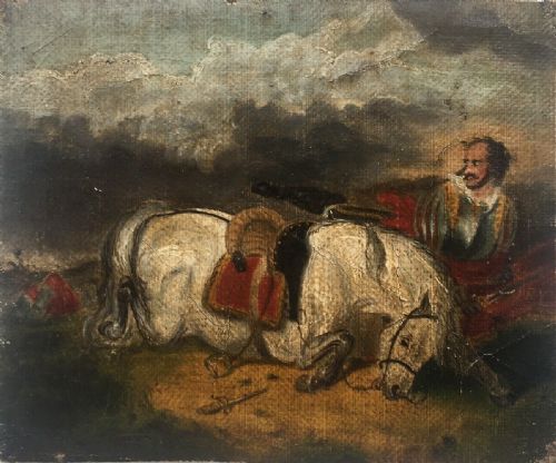 fig 1. Signed with Initials Original Antique Miniature Oil Painting Cavalier & Horse in Battle