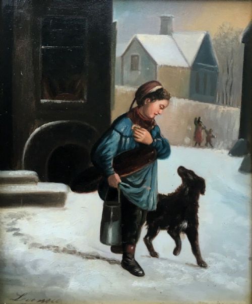 Signed Antique Dutch School Oil Painting Peasant Maiden Girl with Dog Landscape
