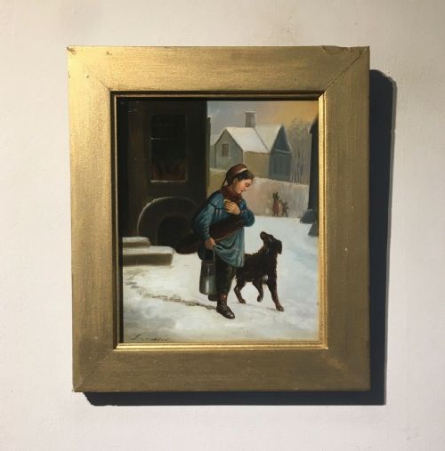 fig 1. Signed Antique Dutch School Oil Painting Peasant Maiden Girl with Dog Landscape