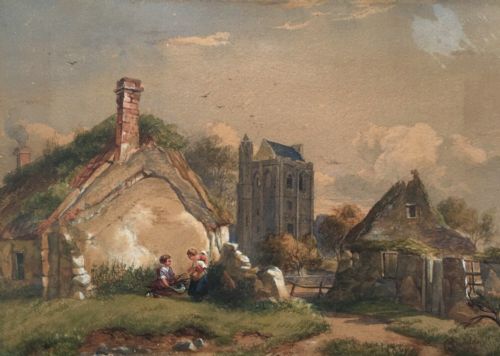 Charles Davidson 1856 Original Signed Watercolour Painting Castle & Cottage Landscape