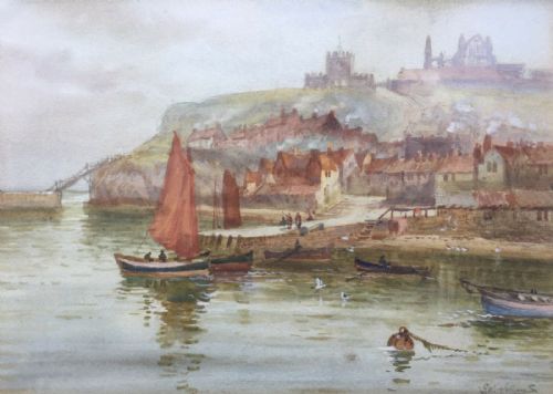 John Wynne Williams Signed Original Antique English Watercolour Painting Tate Hill Pier Whitby, North Yorkshire Cost