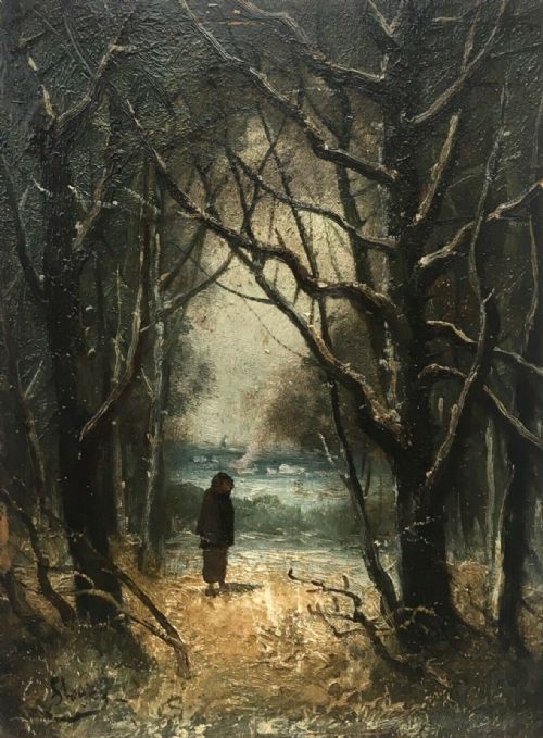 Signed Original Antique Oil Painting on Wood Panel Woodland & Figure Landscape