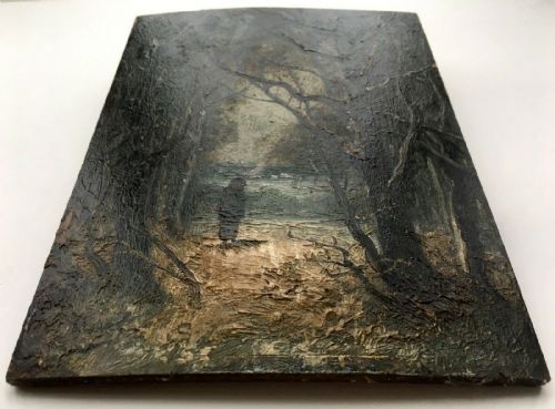 fig 1. Signed Original Antique Oil Painting on Wood Panel Woodland & Figure Landscape