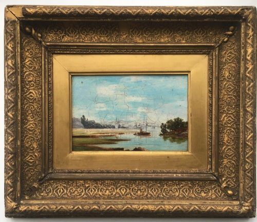 Original Antique Oil Painting on Copper Plate Panel River Fishing Landscape in Original Decorative Frame