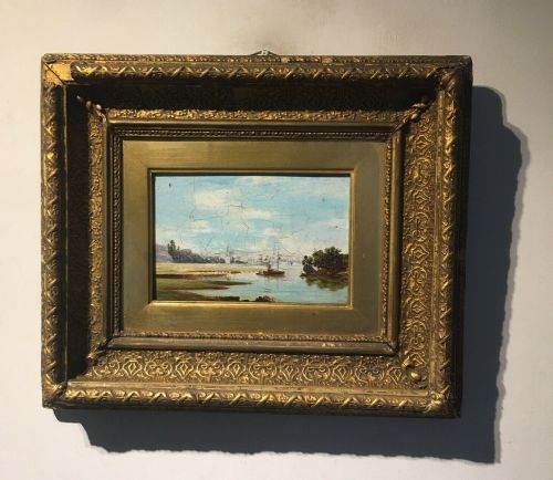 fig 1. Original Antique Oil Painting on Copper Plate Panel River Fishing Landscape in Original Decorative Frame
