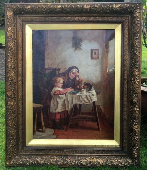 Signed Original Antique Oil Painting & Frame Portrait Figures & Interior Scene