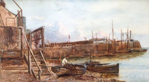 Walter Stuart Lloyd Signed Original Antique English Watercolour Seascape Painting Broadstairs Harbour Kent