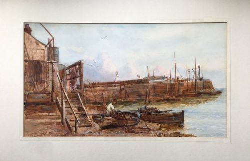 fig 1. Walter Stuart Lloyd Signed Original Antique English Watercolour Seascape Painting Broadstairs Harbour Kent