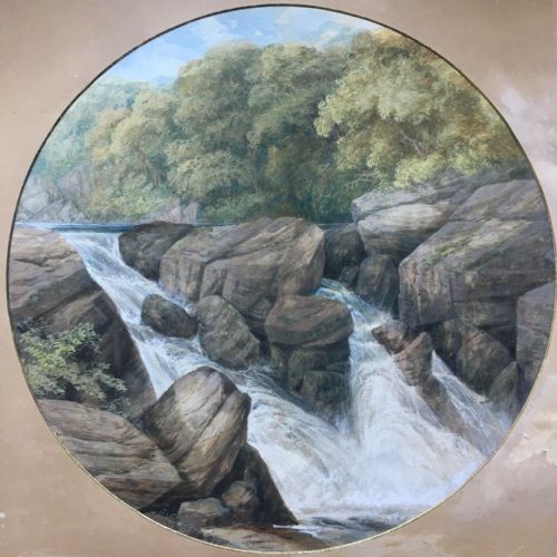 Original Antique Circular Watercolour Painting View of a Waterfall & River Landscape