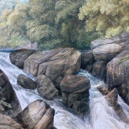 fig 1. Original Antique Circular Watercolour Painting View of a Waterfall & River Landscape