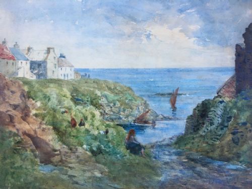 J a Henderson Tarbet Signed Original Antique Painting "Staxigoe, Wick Scotland"