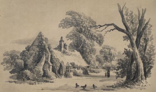fig 1. J M W TURNER pencil sketch PRIVATE COLLECTION PROVENANCE Cottage Figures & Hens