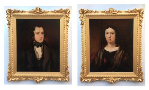English School Antique 19th Century Oil Painting on Board Portraits of Lady & Gentleman in Decorative Frames