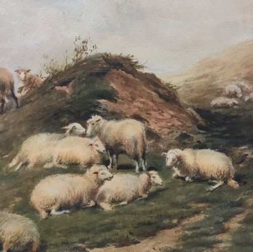 fig 1. Manner of Thomas Sidney Cooper Original Antique Watercolour Painting Sheep on a Grassy Knoll English Landscape