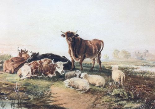 Manner Thomas Sidney Cooper Antique Watercolour Painting Cattle Sheep Landscape