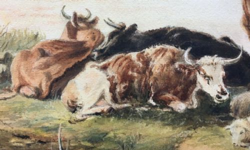 fig 1. Manner Thomas Sidney Cooper Antique Watercolour Painting Cattle Sheep landscape