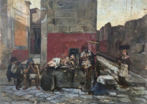 L Alvarez Original Signed Spanish School Antique Oil Painting Figures in Street Scene Framed Canvas