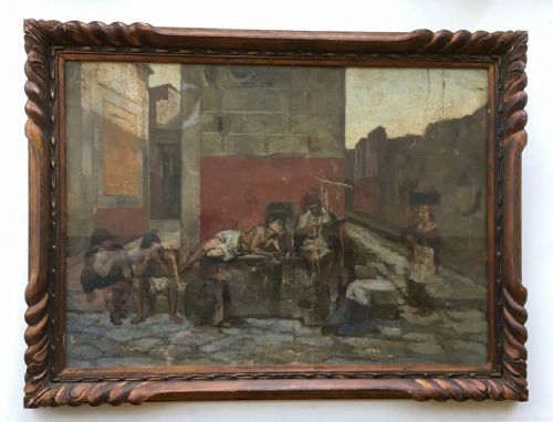 fig 1. L Alvarez Original Signed SPANISH SCHOOL Antique Oil Painting Figures in Street Scene Framed Canvas