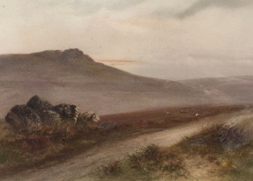 W H Dyer Vintage Watercolour Painting Landscape Dartmoor Devon Moorland & Sheep