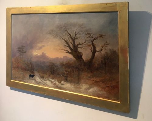 Indistinctly Signed Original English Antique Oil Painting on Canvas Sheep Figure & Snow Landscape