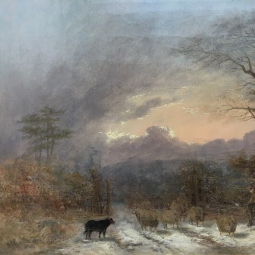 fig 1. Indistinctly Signed Original English Antique Oil Painting on Canvas Sheep Figure & Snow Landscape