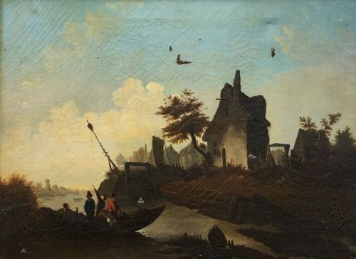 Signed Original Antique Dutch River Landscape with Figures, Canvas Oil Painting