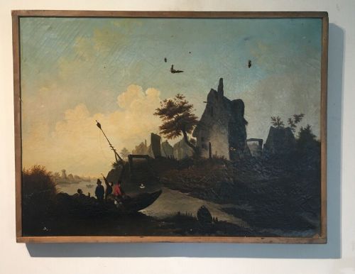 fig 1. Signed Original Antique Dutch River Landscape with Figures, Canvas Oil Painting