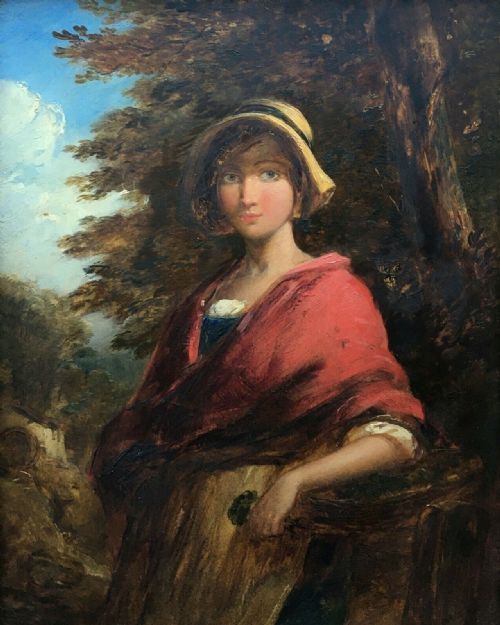 English School Original Antique Oil Painting on Mahogany Panel Country Girl in Decorative Frame