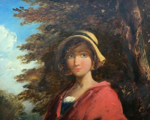 fig 2. ENGLISH SCHOOL Original Antique Oil Painting on Mahogany Panel Country Girl in Decorative Frame