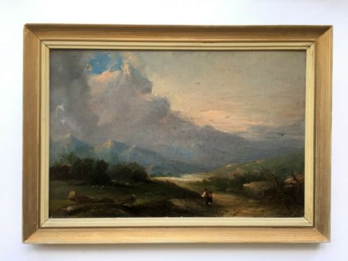 English Antique Original Oil Painting on Board Landscape with Figures and Mountains