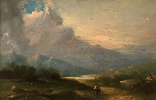fig 1. English Antique Original Oil Painting on Board Landscape with Figures and Mountains