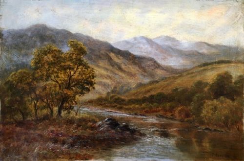 C Leaver Signed Antique Original English Oil Painting on Canvas River & Mountain Landscape