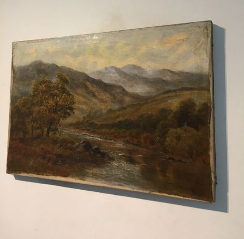 fig 1. C LEAVER Signed Antique Original English Oil Painting on Canvas River & Mountain Landscape