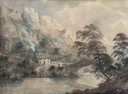 Manner of Thomas Walmsley 18th Century Antique Picturesque Watercolour Painting Merionethshire Wales Bridge