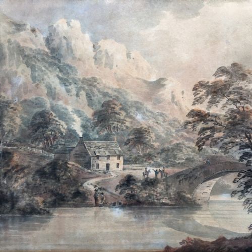 fig 1. Manner of THOMAS WALMSLEY 18th Century Antique Picturesque Watercolour Painting Merionethshire Wales Bridge