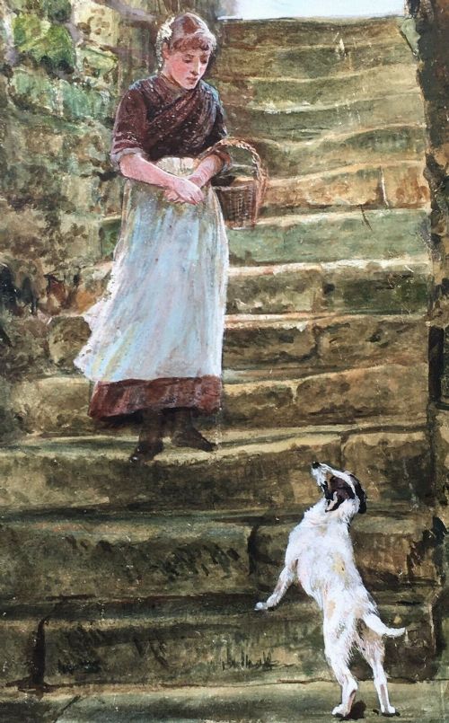 fig 1. ARTHUR WARDLE Signed Original English Antique Watercolour Painting of Terrier Dog & Figure on Steps