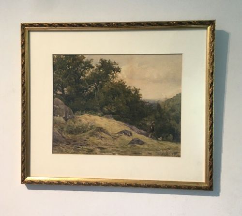 fig 1. E Davies 1880 Signed Victorian Original English Watercolour Painting Landscape Man & Dog Hunting Scene