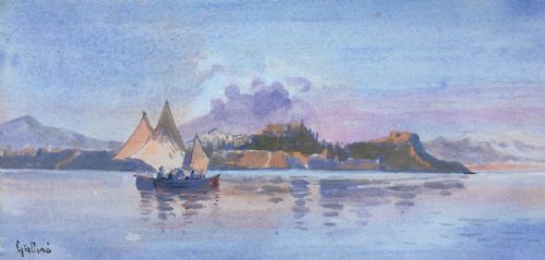Angelos Giallina 1857-1939 Original Antique Watercolour Painting Citadel Corfu Continental Seascape