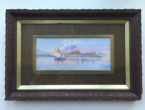 fig 1. ANGELOS GIALLINA 1857-1939 Original Antique Watercolour Painting Citadel Corfu Continental Seascape