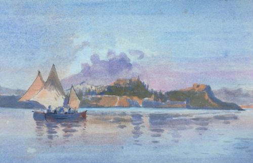 fig 2. ANGELOS GIALLINA 1857-1939 Original Antique Watercolour Painting Citadel Corfu Continental Seascape