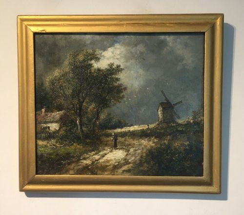 Joseph Thors Original Signed Antique English School Oil Painting on Panel Pastoral Landscape with Windmill