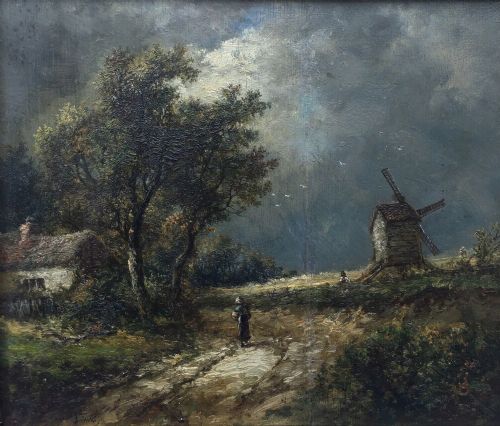 fig 1. Joseph Thors Original Signed Antique English School Oil Painting on Panel Pastoral Landscape with Windmill
