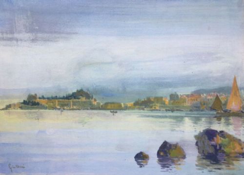 Angelos Giallina 1857-1939 Original Vintage Continental Watercolour Seascape Painting Corfu Town from Vidos